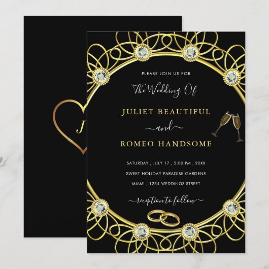 Gold en Diamonds Elegant Black Wedding Invitation (Voorkant / Achterkant)