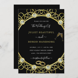 Gold en Diamonds Elegant Black Wedding Invitation