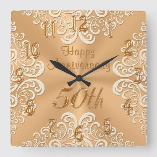 Gold en Ecru Happy 50th Wedding Jubileum Clock Vierkante Klok (Voorkant)