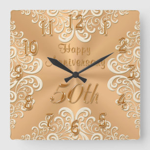 Gold en Ecru Happy 50th Wedding Jubileum Clock Vierkante Klok