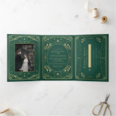 Gold en Emerald Elegant Tarot Wedding Drieluik Uitnodiging (Binnen)
