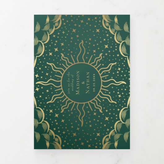 Gold en Emerald Elegant Tarot Wedding Drieluik Uitnodiging (Cover)
