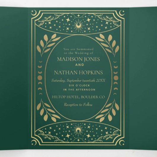 Gold en Emerald Elegant Tarot Wedding Drieluik Uitnodiging (Binnenkant midden)