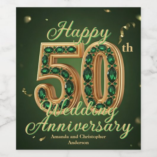 Gold en Emerald Green 50ste bruiloft Jubileum Wijn Etiket (Enkel label)
