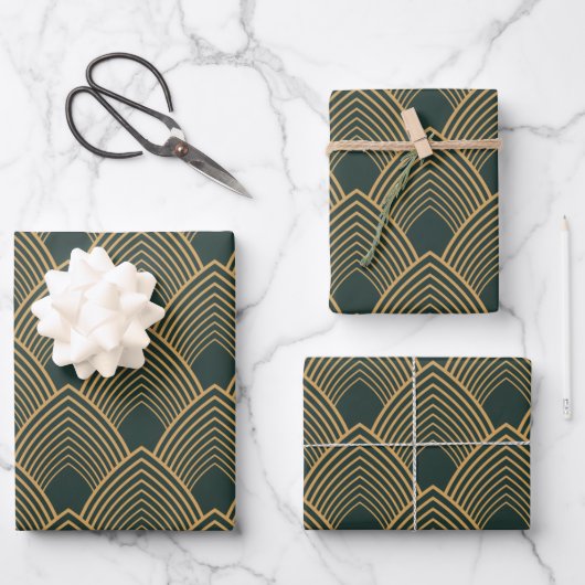 Gold en Emerald Green Art Deco Pattern Inpakpapier Vel (Voorkant)