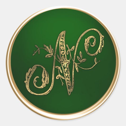 Gold- en Emerald Monogram N Envelope Seal Ronde Sticker (Voorkant)