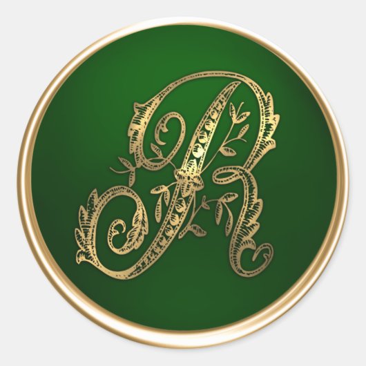 Gold- en Emerald Monogram R Envelope Seal Ronde Sticker (Voorkant)