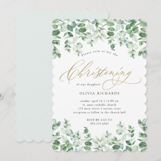 Gold en Eucalyptus Elegant Waterverf Christening Kaart (Voorkant / Achterkant)