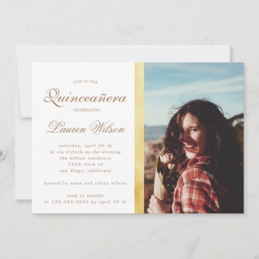 Gold en glitter Quinceanera Fotouitnodiging Kaart (Voorkant)
