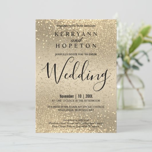 Gold en Gold Glitter Invitation Kaart (Staand voorkant)
