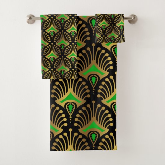 Gold en green Art Deco-patroon op zwart Bad Handdoek (Insitu)