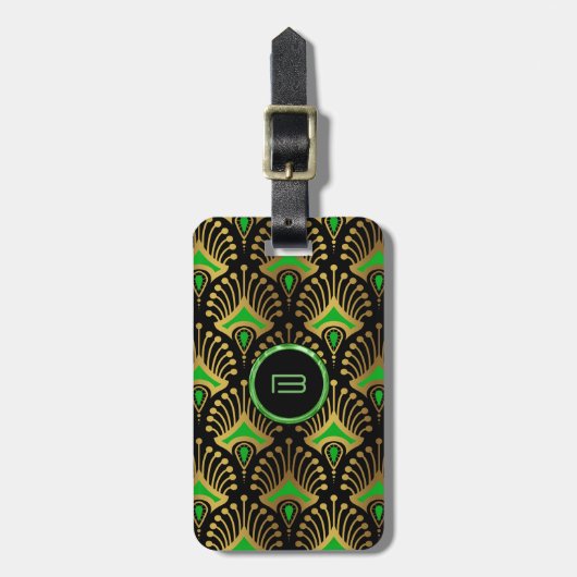 Gold en green Art Deco-patroon op zwart Bagagelabel (Voorkant verticaal)