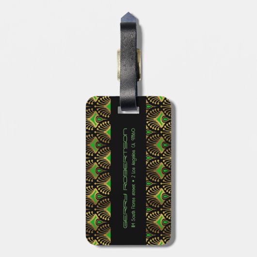 Gold en green Art Deco-patroon op zwart Bagagelabel (Achterkant verticaal)