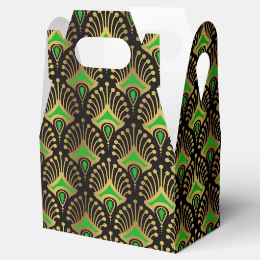 Gold en green Art Deco-patroon op zwart Bedankdoosjes (Geopend)