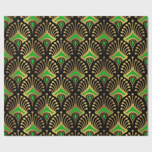 Gold en green Art Deco-patroon op zwart Cadeaupapier (Vlak)