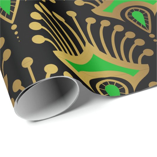 Gold en green Art Deco-patroon op zwart Cadeaupapier (Rol Hoek)