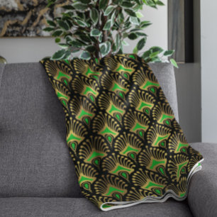 Gold en green Art Deco-patroon op zwart Fleece Deken