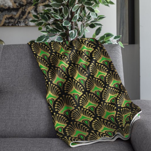 Gold en green Art Deco-patroon op zwart Fleece Deken