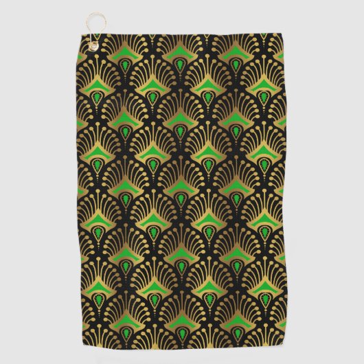 Gold en green Art Deco-patroon op zwart Golfhanddoek (Voorkant)