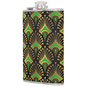 Gold en green Art Deco-patroon op zwart Heupfles