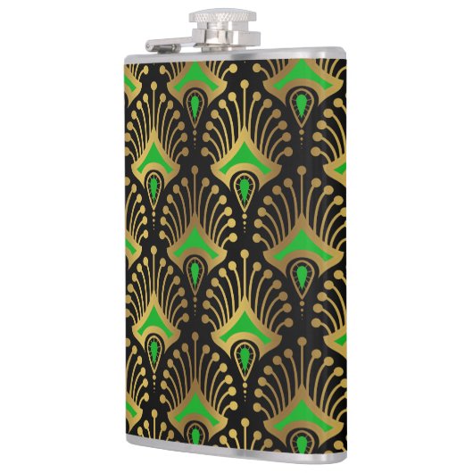 Gold en green Art Deco-patroon op zwart Heupfles (Links)