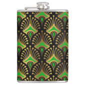 Gold en green Art Deco-patroon op zwart Heupfles (Voorkant)