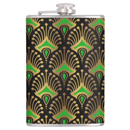 Gold en green Art Deco-patroon op zwart Heupfles (Voorkant)