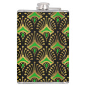 Gold en green Art Deco-patroon op zwart Heupfles (Achterkant)