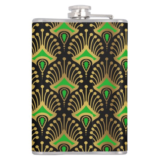 Gold en green Art Deco-patroon op zwart Heupfles (Achterkant)