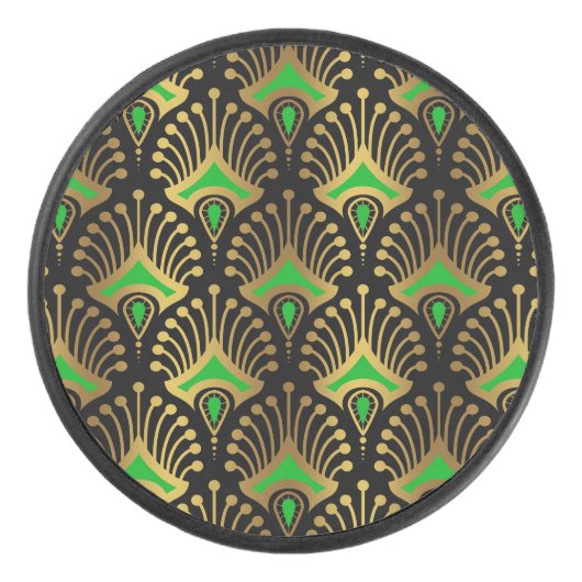 Gold en green Art Deco-patroon op zwart Hockey Puck (Voorkant)