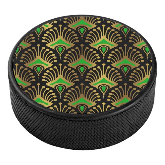 Gold en green Art Deco-patroon op zwart Hockey Puck (3/4)