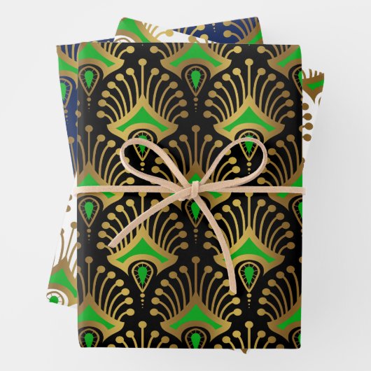 Gold en green Art Deco-patroon op zwart Inpakpapier Vel (In situ)