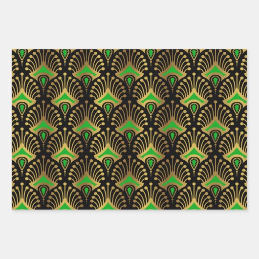 Gold en green Art Deco-patroon op zwart Inpakpapier Vel (Voorkant)