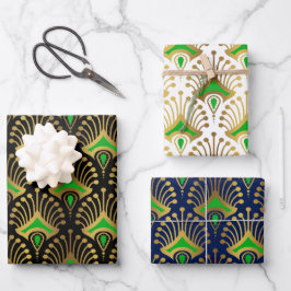Gold en green Art Deco-patroon op zwart Inpakpapier Vel