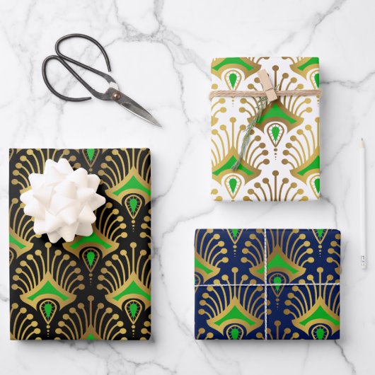 Gold en green Art Deco-patroon op zwart Inpakpapier Vel (Voorkant)