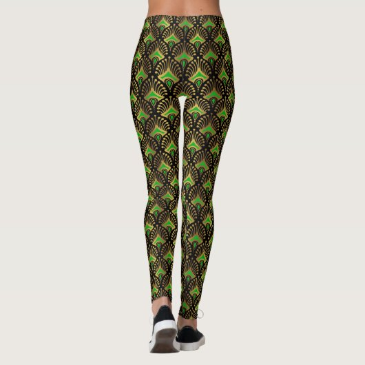 Gold en green Art Deco-patroon op zwart Leggings (Achterkant)
