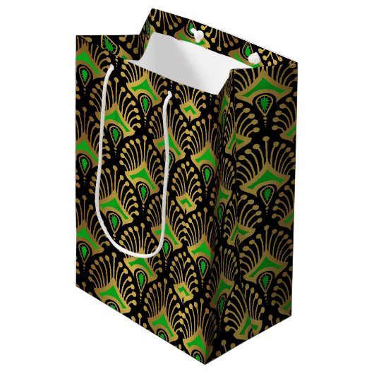 Gold en green Art Deco-patroon op zwart Medium Cadeauzakje (Voorkant Gekanteld)
