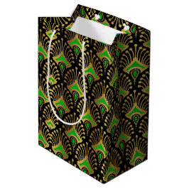 Gold en green Art Deco-patroon op zwart Medium Cadeauzakje
