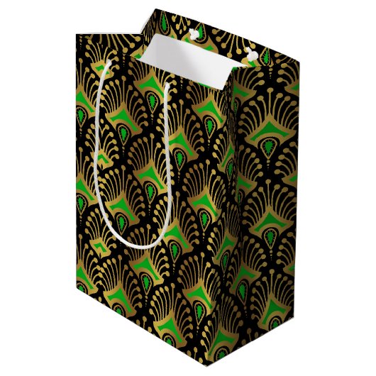 Gold en green Art Deco-patroon op zwart Medium Cadeauzakje (Achterkant Gekanteld)