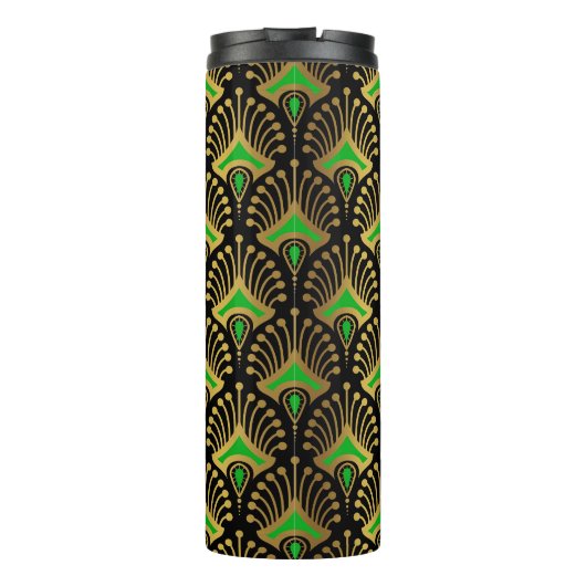 Gold en green Art Deco-patroon op zwart Thermosbeker (Achterkant)