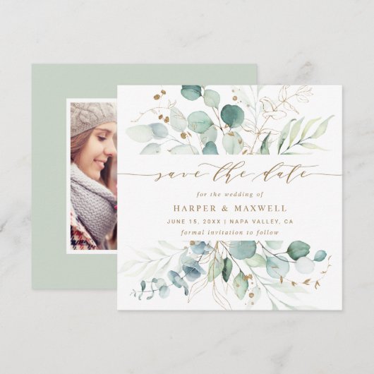 Gold en Green Botanical Weddenfoto Save the Da Save The Date (Voorkant / Achterkant)