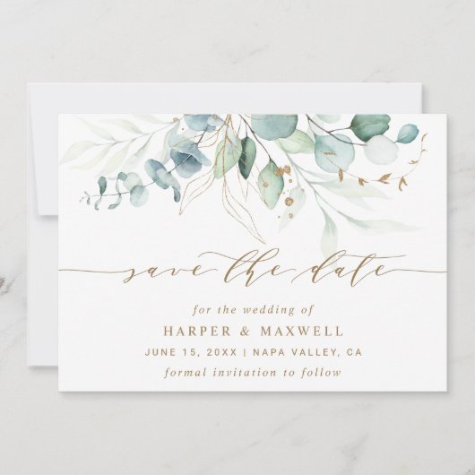 Gold en Green Botanical Wedding Save The Date (Voorkant)