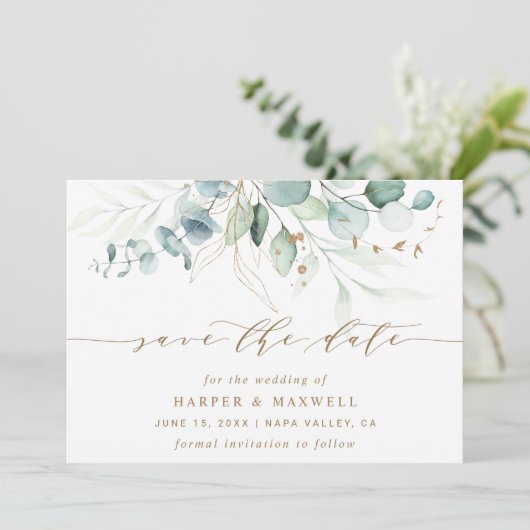 Gold en Green Botanical Wedding Save The Date (Staand voorkant)