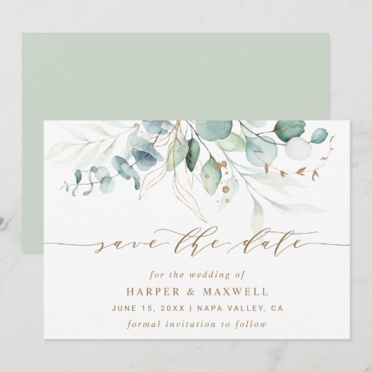 Gold en Green Botanical Wedding Save The Date (Voorkant / Achterkant)