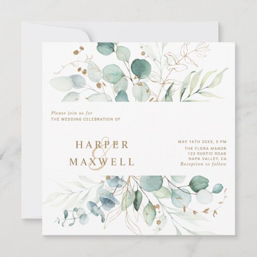 Gold en Green Botanical Wedding Square Invitation Kaart (Voorkant)