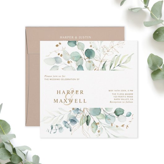 Gold en Green Botanical Wedding Square Invitation Kaart