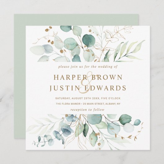 Gold en Green Botanical Wedding Square Invitation Kaart (Voorkant / Achterkant)