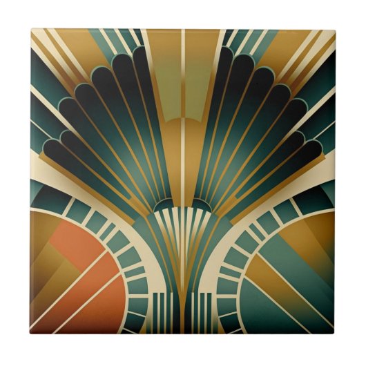 Gold en Green Fan Pattern Art Deco Tegeltje (Voorkant)
