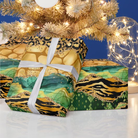 Gold en Green Safari Animal Print Agate Cadeaupapier (Feestdagen)