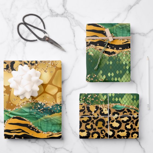 Gold en Green Safari Animal Print Agate Inpakpapier Vel (Voorkant)